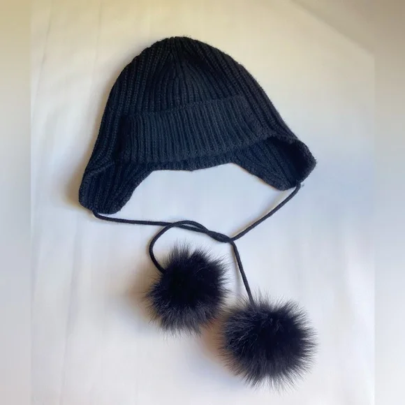 Sofia cashmere black Pom Pom tie poms hat 100% cashmere soft ear warmer … - Picture 1 of 8